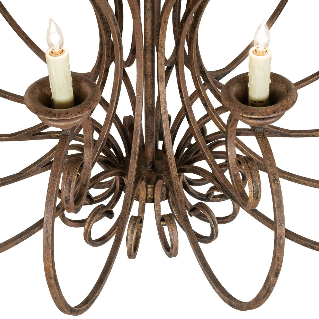 Closeup of Fernando chandelier candle cup and faux candlelight bulb detail.