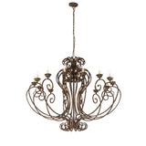 Fernando 14-light chandelier with hand-forged iron scrollwork, lit view in antiquity finish.
