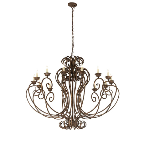 Fernando 14-light chandelier with hand-forged iron scrollwork, lit view in antiquity finish.