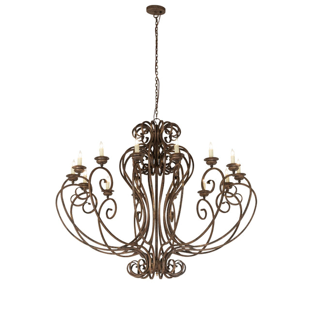 Fernando 14-light chandelier with hand-forged iron scrollwork, lit view in antiquity finish.