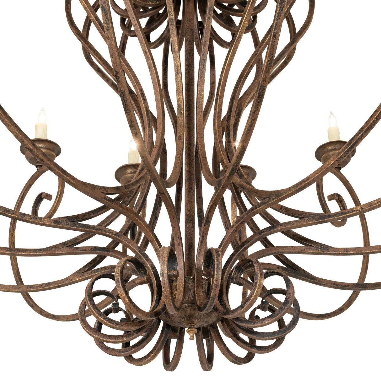 Closeup of Fernando chandelier iron scrollwork and faux candlelight bobeches.