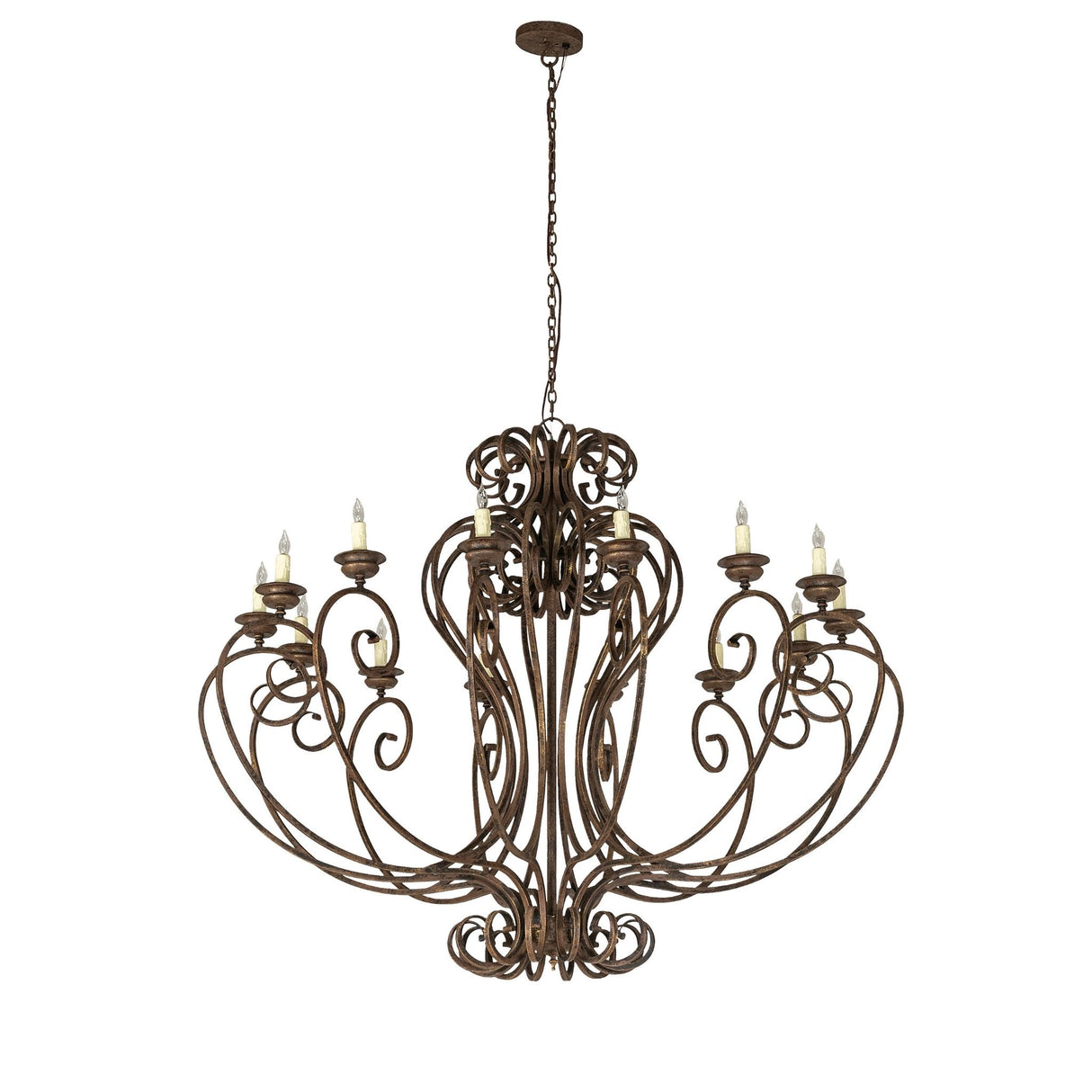Fernando 14 light chandelier unlit front view with iron scrollwork design.