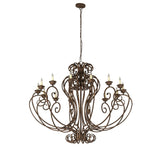 Fernando 14 light chandelier unlit front view with iron scrollwork design.