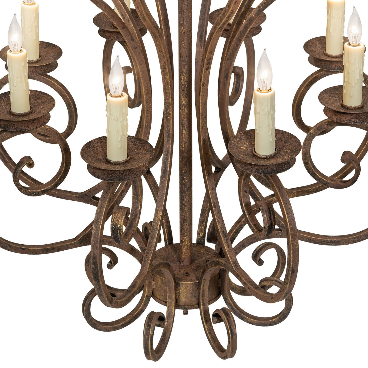 Detailed view of curled arm and candle socket on Fernando chandelier.