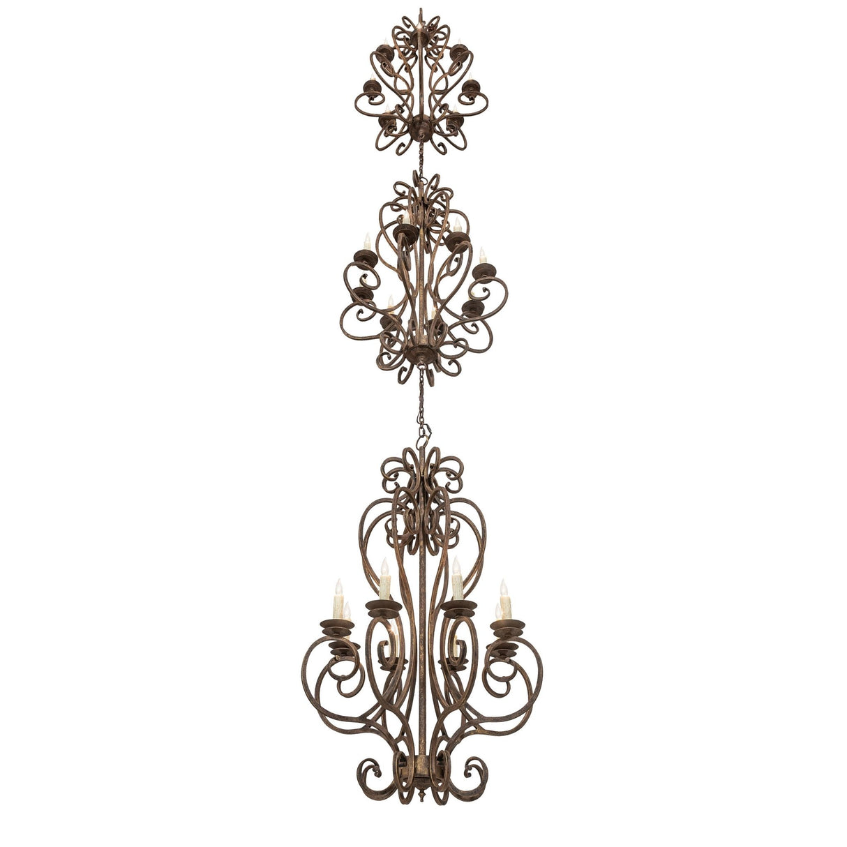 Lower angle view of chandelier highlighting underside and tiers.
