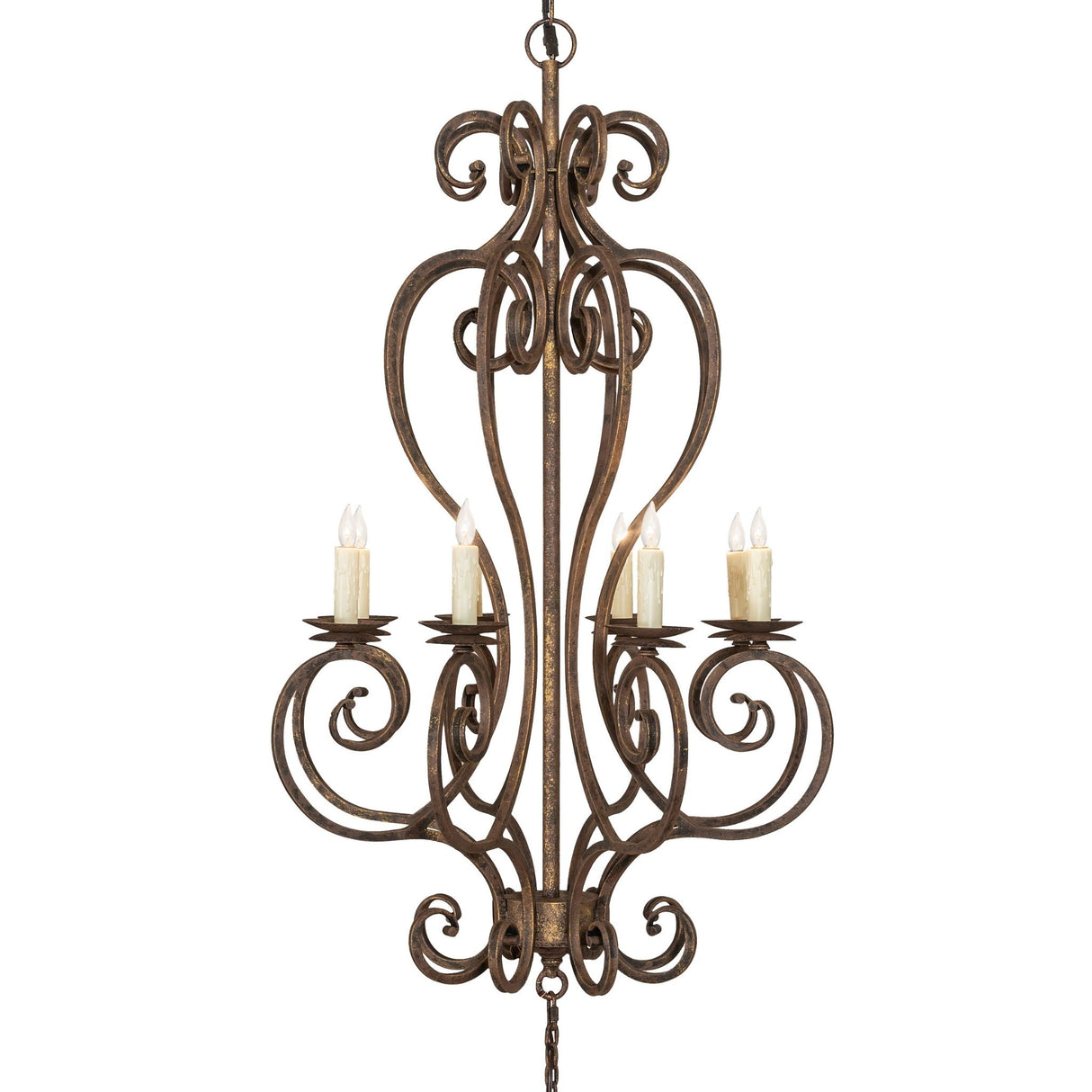 Closeup of chandelier tier showing scrollwork and faux candlelights.