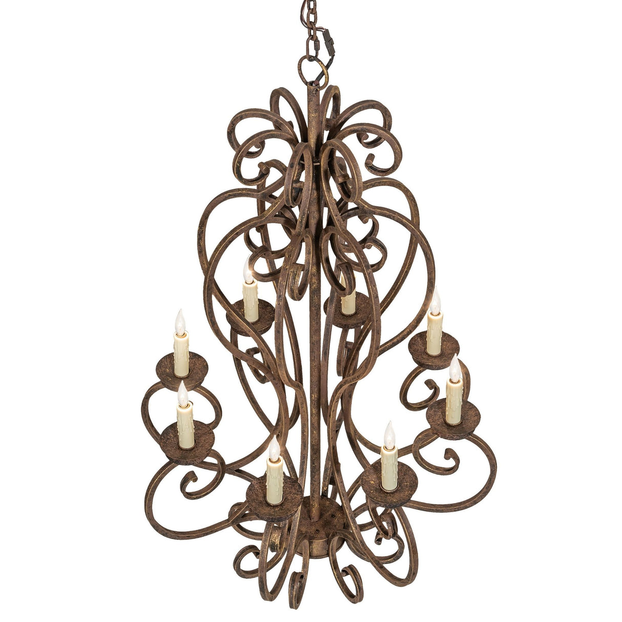 Top angle view of three-tier chandelier showing stacked fixture design.