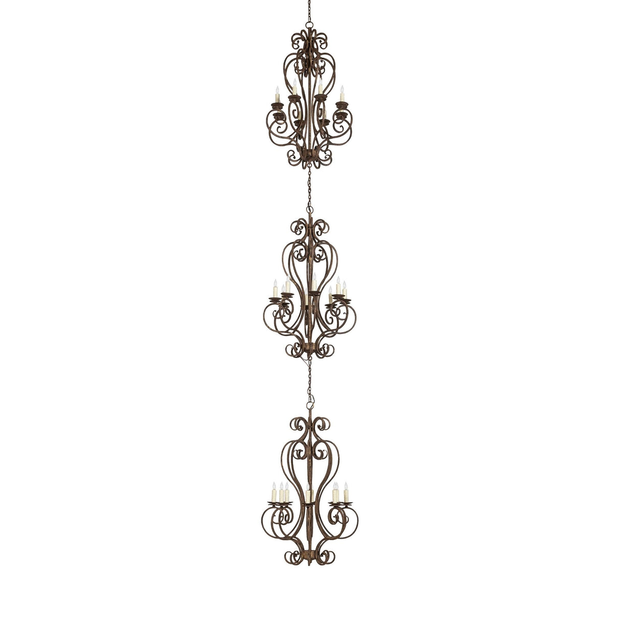 Fernando three-tier chandelier unlit, antiquity finish scrollwork fixture.