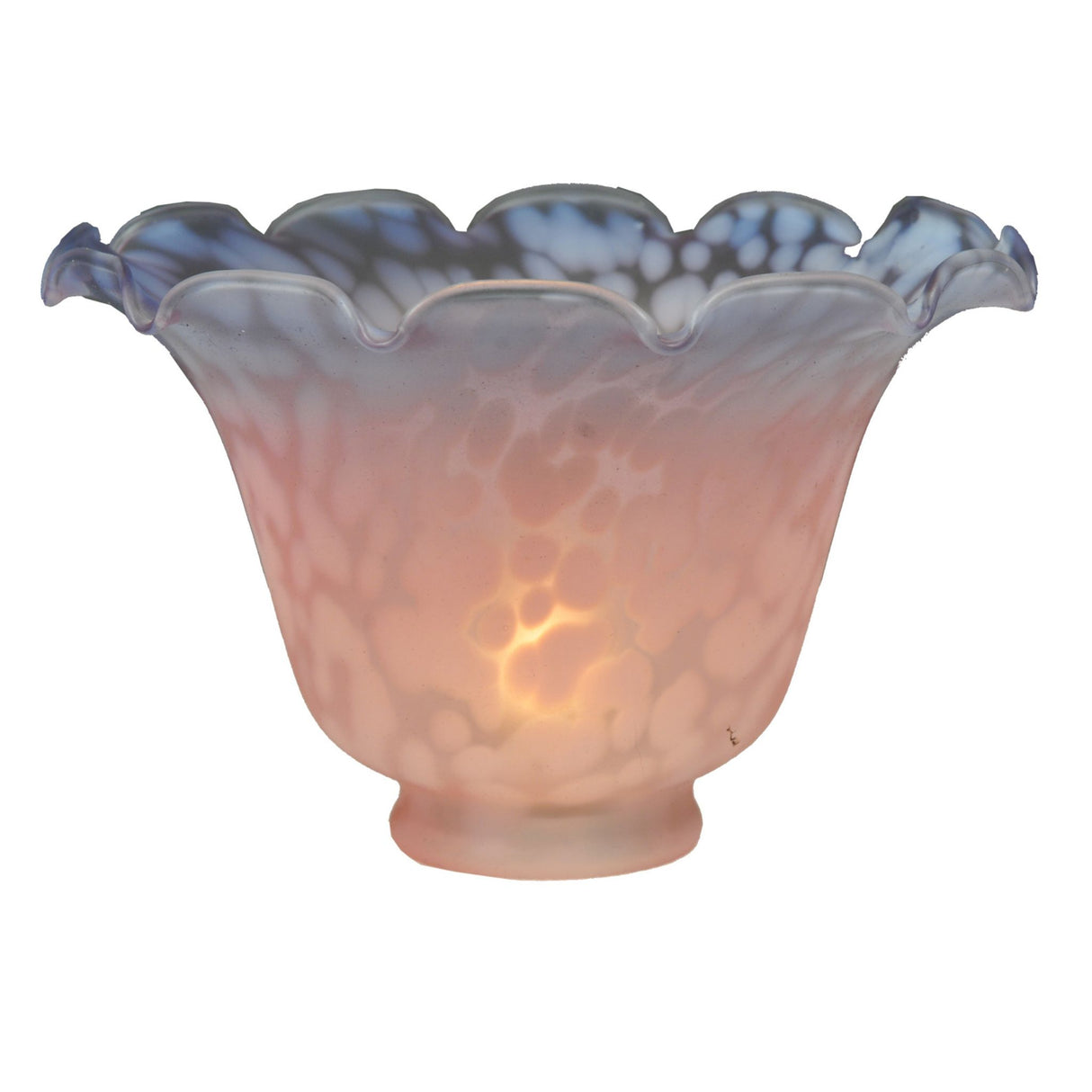 An elegant pink and blue fluted bell shade, emphasizing its handcrafted artistry.
