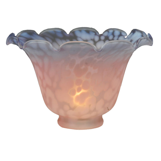 An elegant pink and blue fluted bell shade, emphasizing its handcrafted artistry.