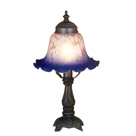 Fluted Bell White and Blue Mini Lamp with a scalloped glass shade and bronze base.