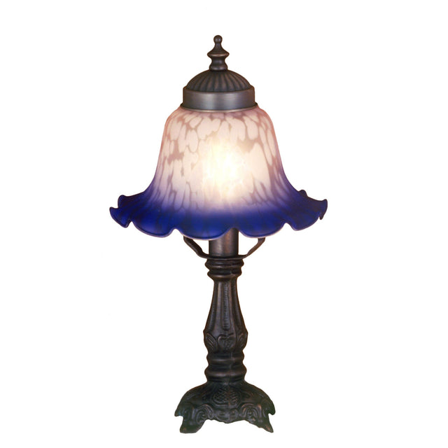Fluted Bell White and Blue Mini Lamp with a scalloped glass shade and bronze base.