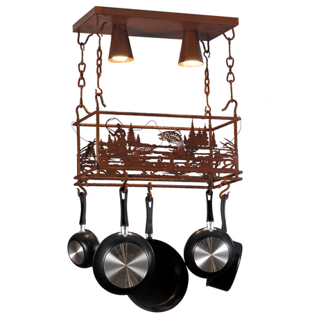Rustic Fly Fishing Creek 2-light pot rack chandelier with trout design, front view.