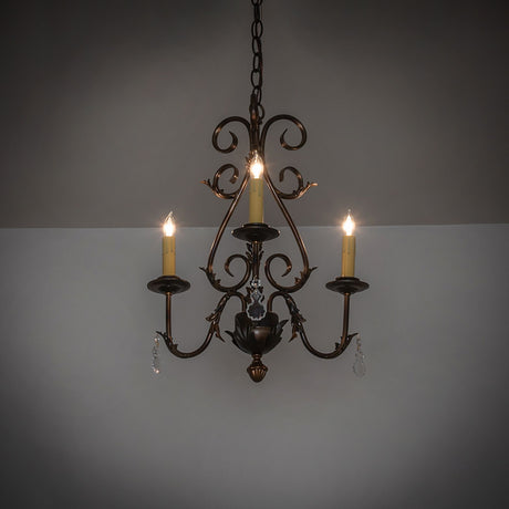 French Elegance 3-light chandelier lit in a dark room setting showing warm ambient glow.
