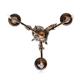Bottom view of chandelier highlighting three-arm symmetry and metal detailing.