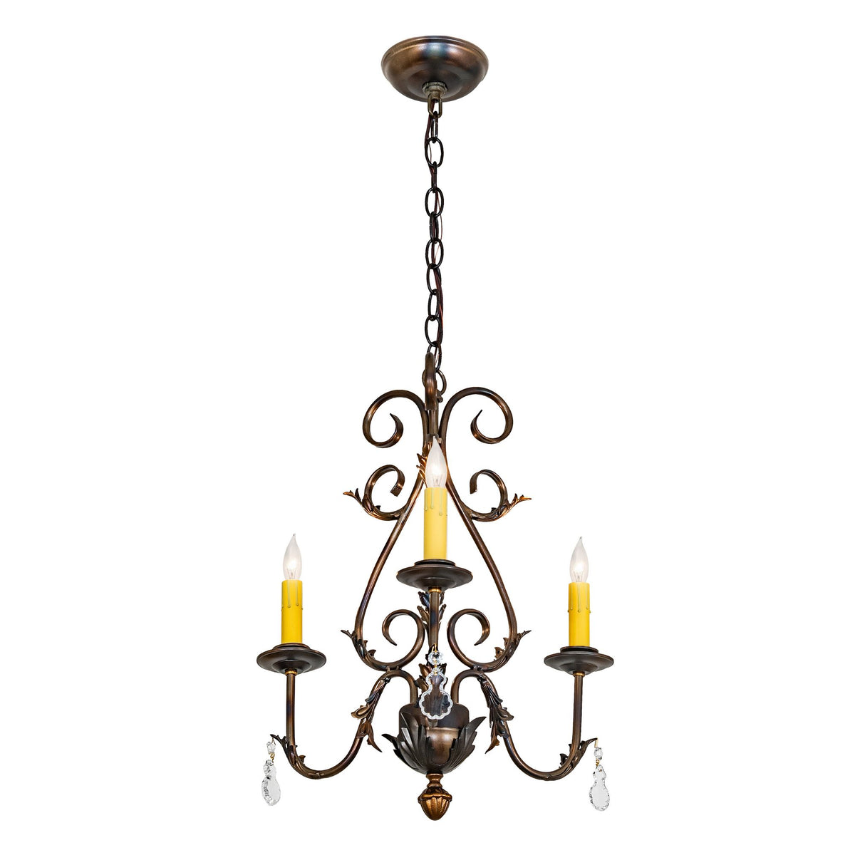 Full-length of the French Elegance 3-light chandelier including canopy and chain suspension.
