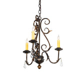 French Elegance 3-light chandelier with antique copper scrollwork, lit view.