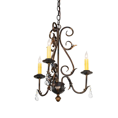 French Elegance 3-light chandelier with antique copper scrollwork, lit view.