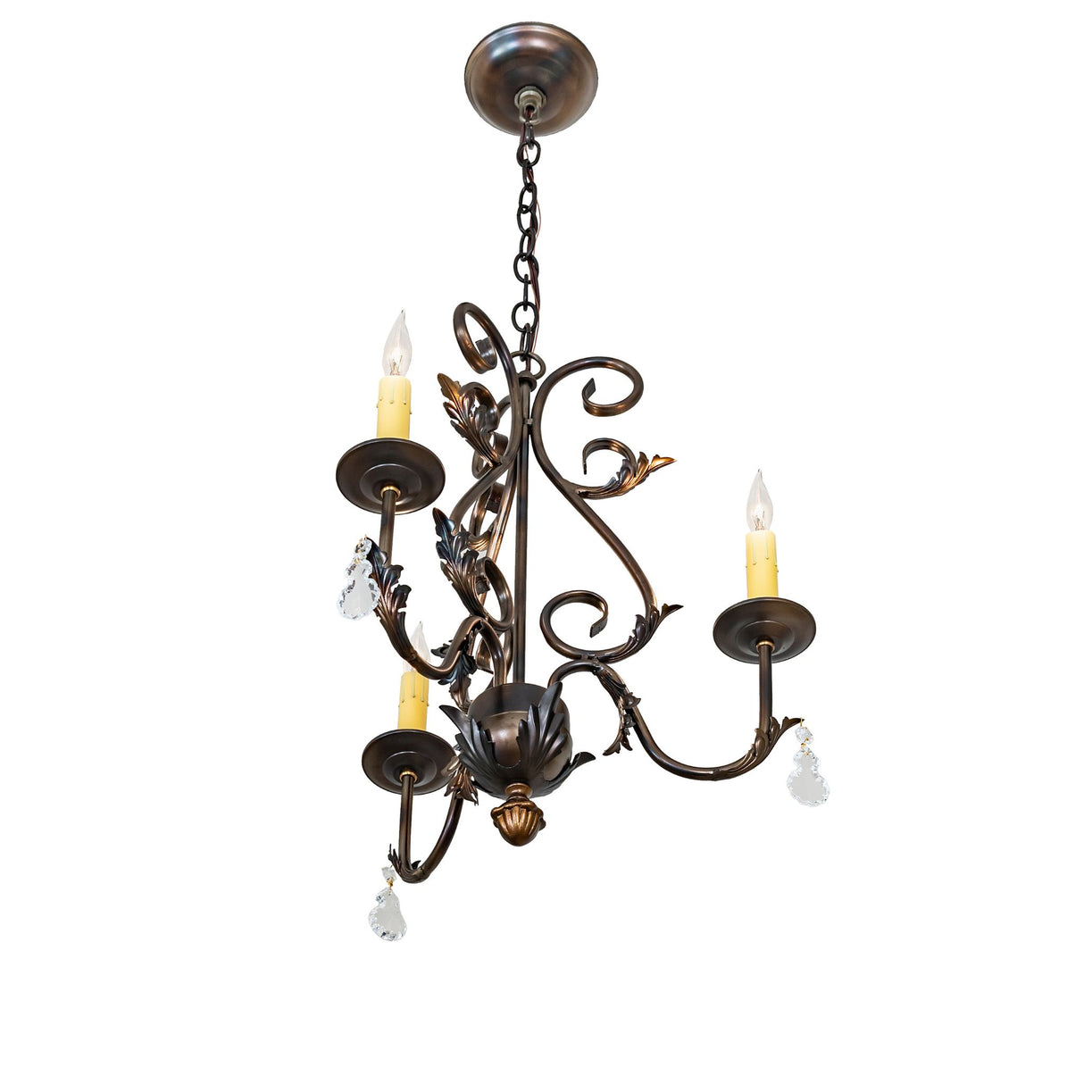 Upward angled view showing the chandelier canopy, scroll arms, and candle bulbs.