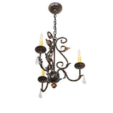 Upward angled view showing the chandelier canopy, scroll arms, and candle bulbs.