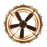 Bottom view showing six-blade fan and luminous circular diffuser.