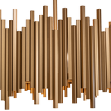 Detailed view of geometric gold rods forming the chandelier’s outer structure.