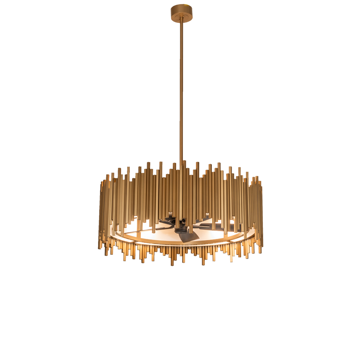 Full hanging view of Frequency chandelier fan with elongated gold rod design.