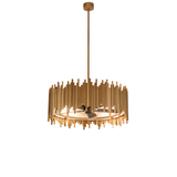 Full hanging view of Frequency chandelier fan with elongated gold rod design.