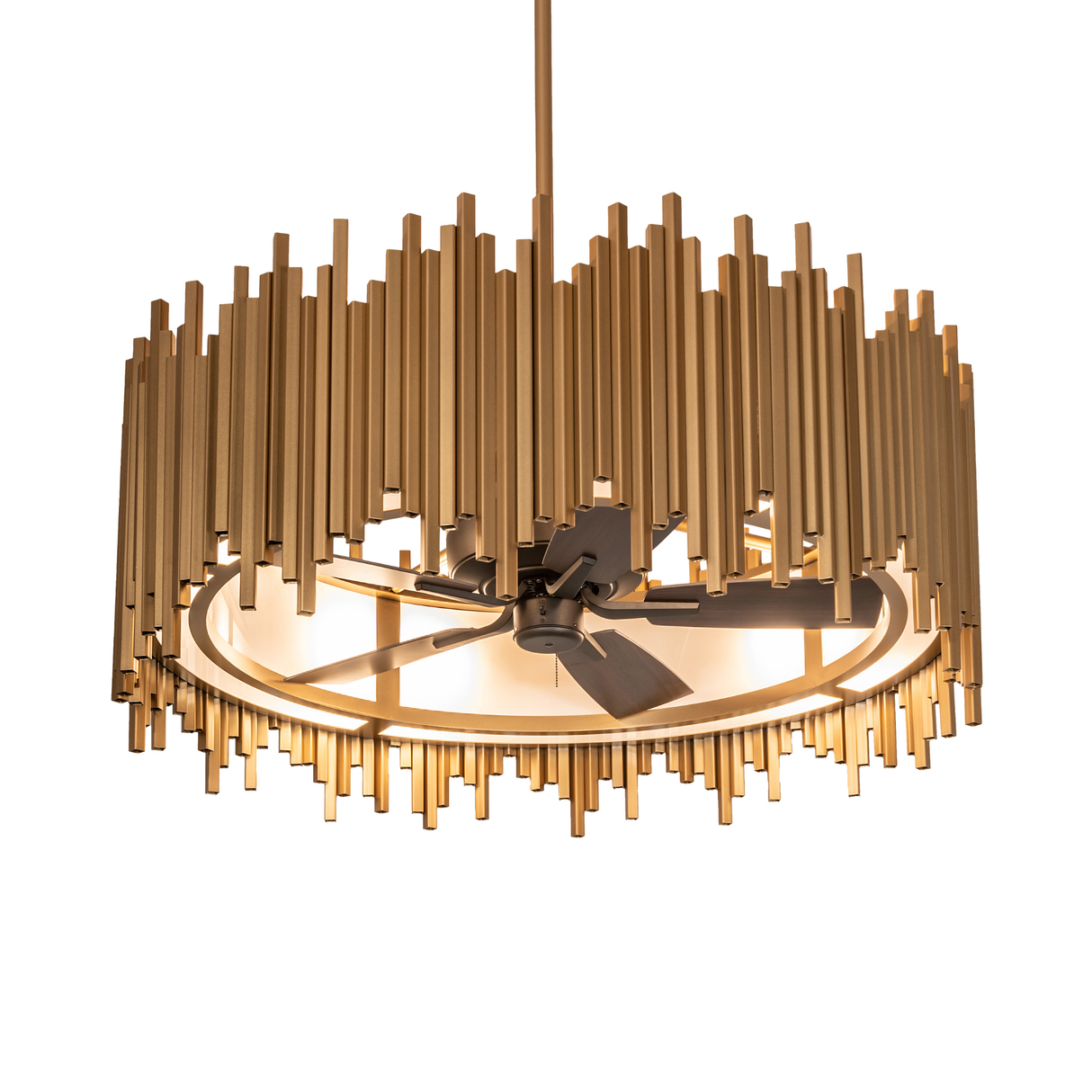Frequency Chandel-Air chandelier fan with gold metallic rods and soft ambient glow.