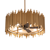 Frequency Chandel-Air chandelier fan with gold metallic rods and soft ambient glow.
