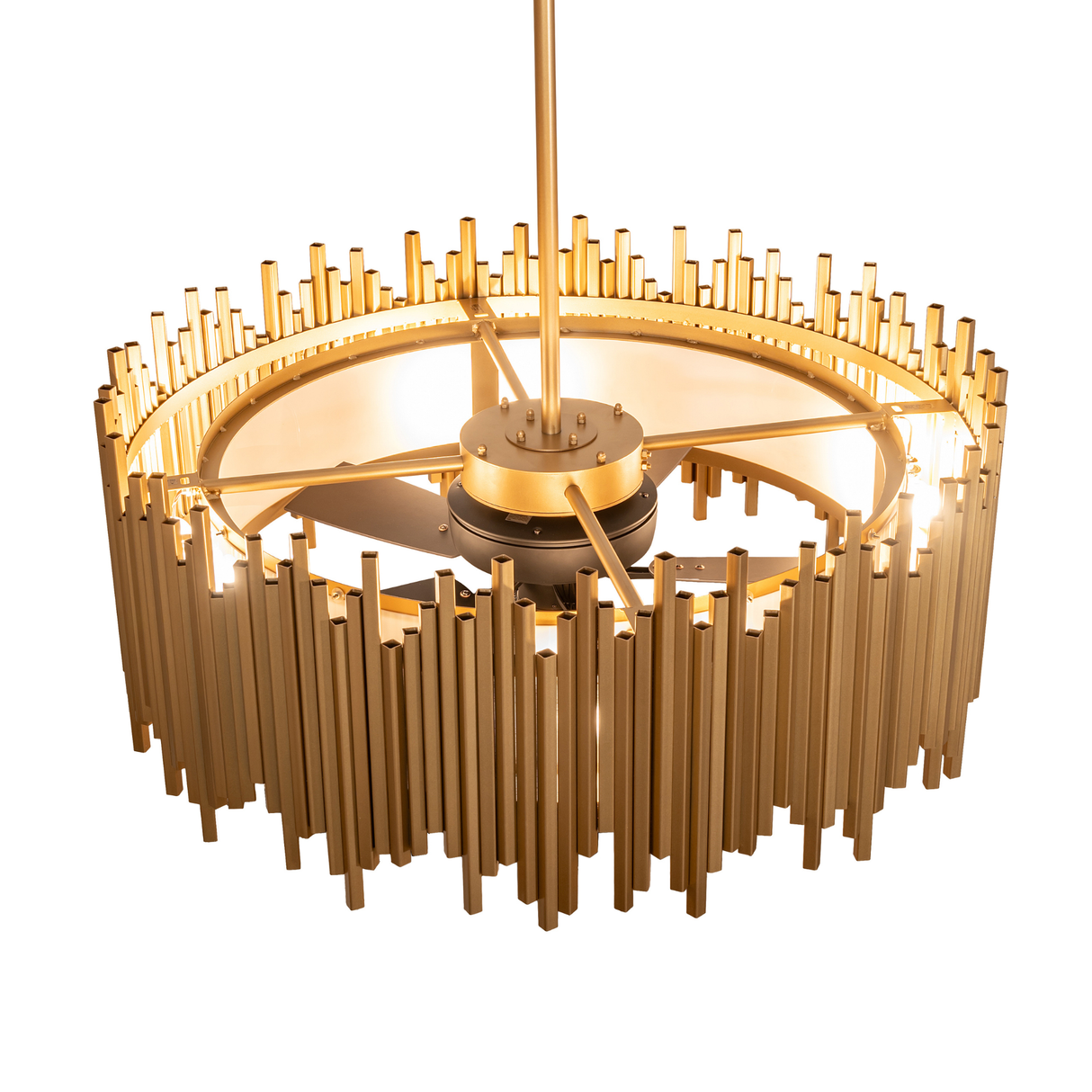 Overhead view highlighting fan blades and circular gold architectural frame.