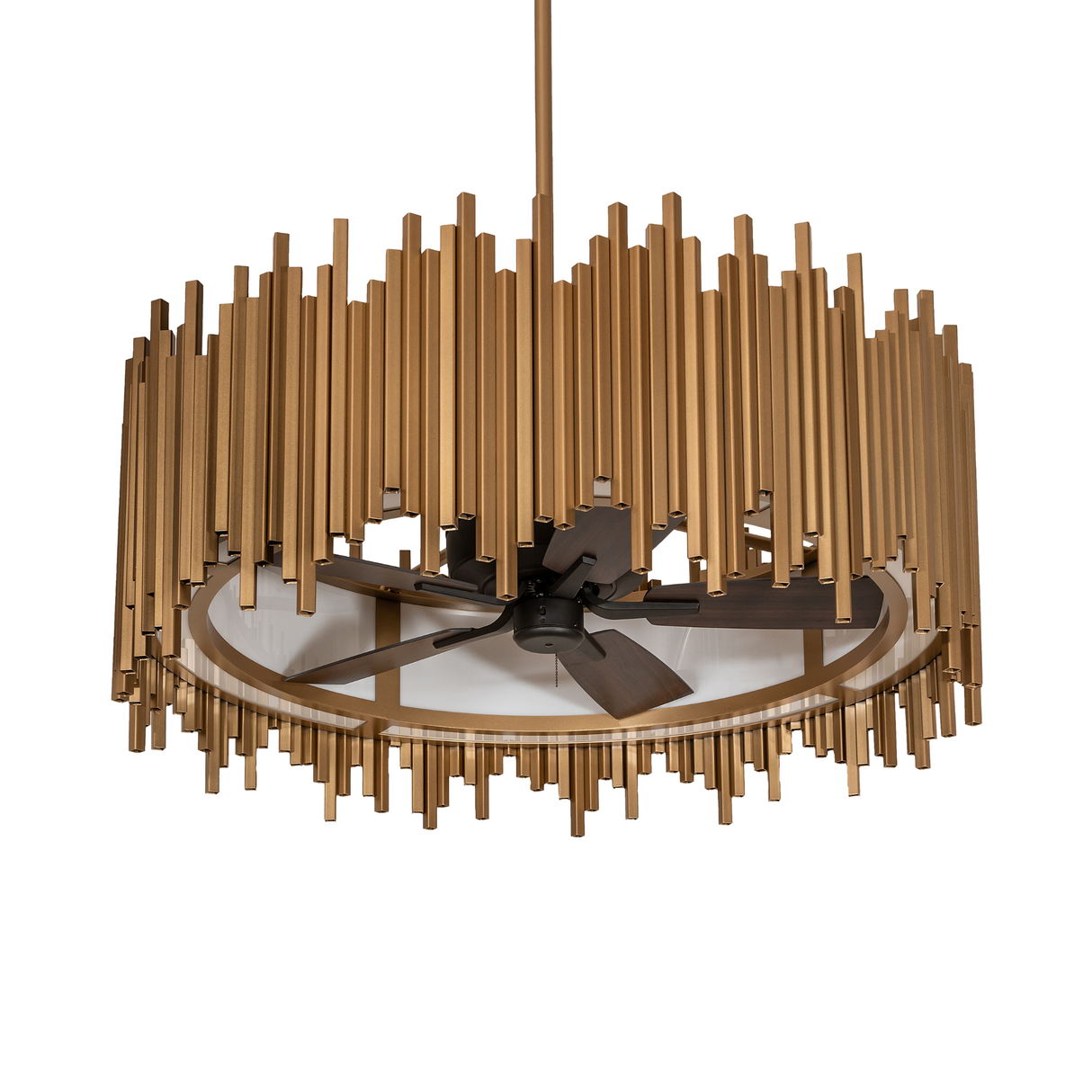 Angled unlit view showcasing gold rod framework and contemporary fan design.