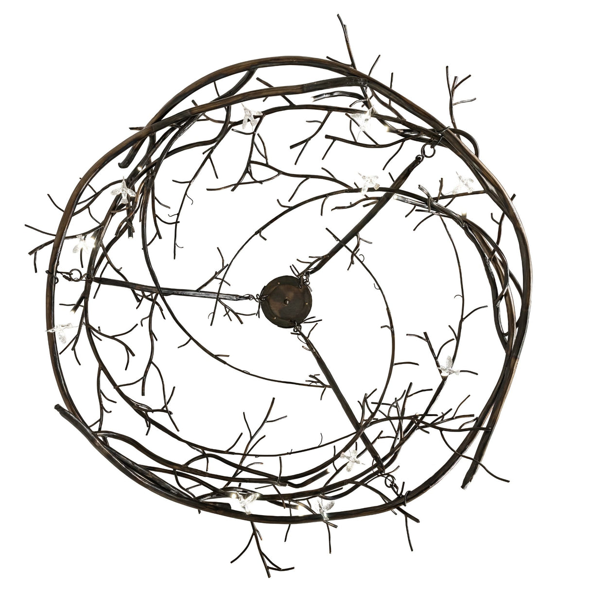 Bottom view of Gardner chandelier with suspended hummingbird details.