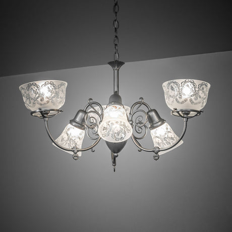 Gas and electric 6 light chandelier illuminated in an ambient interior setting.