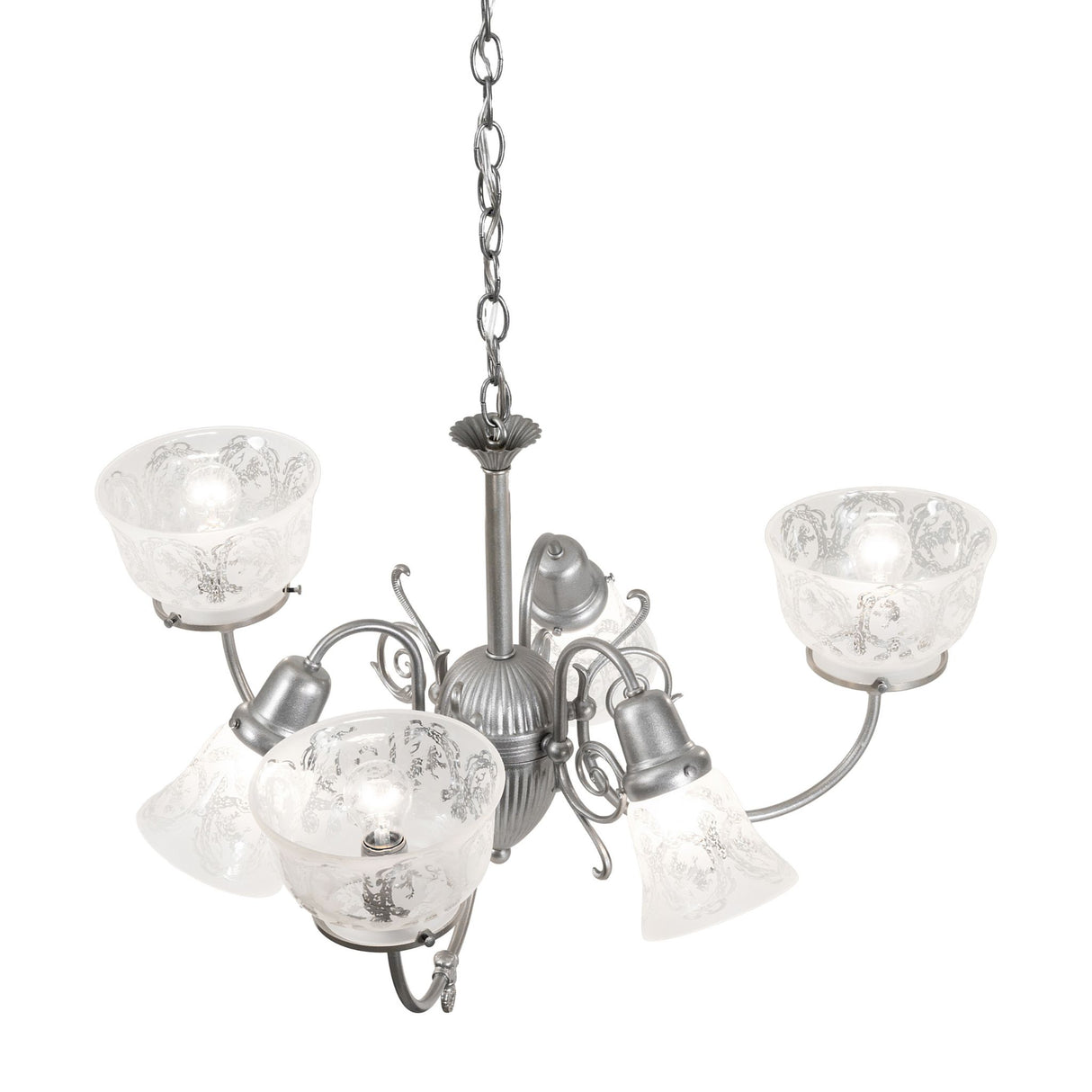 Angled view of 6 light chandelier emphasizing arm curvature and layered glass shades.