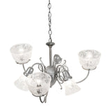 Angled view of 6 light chandelier emphasizing arm curvature and layered glass shades.