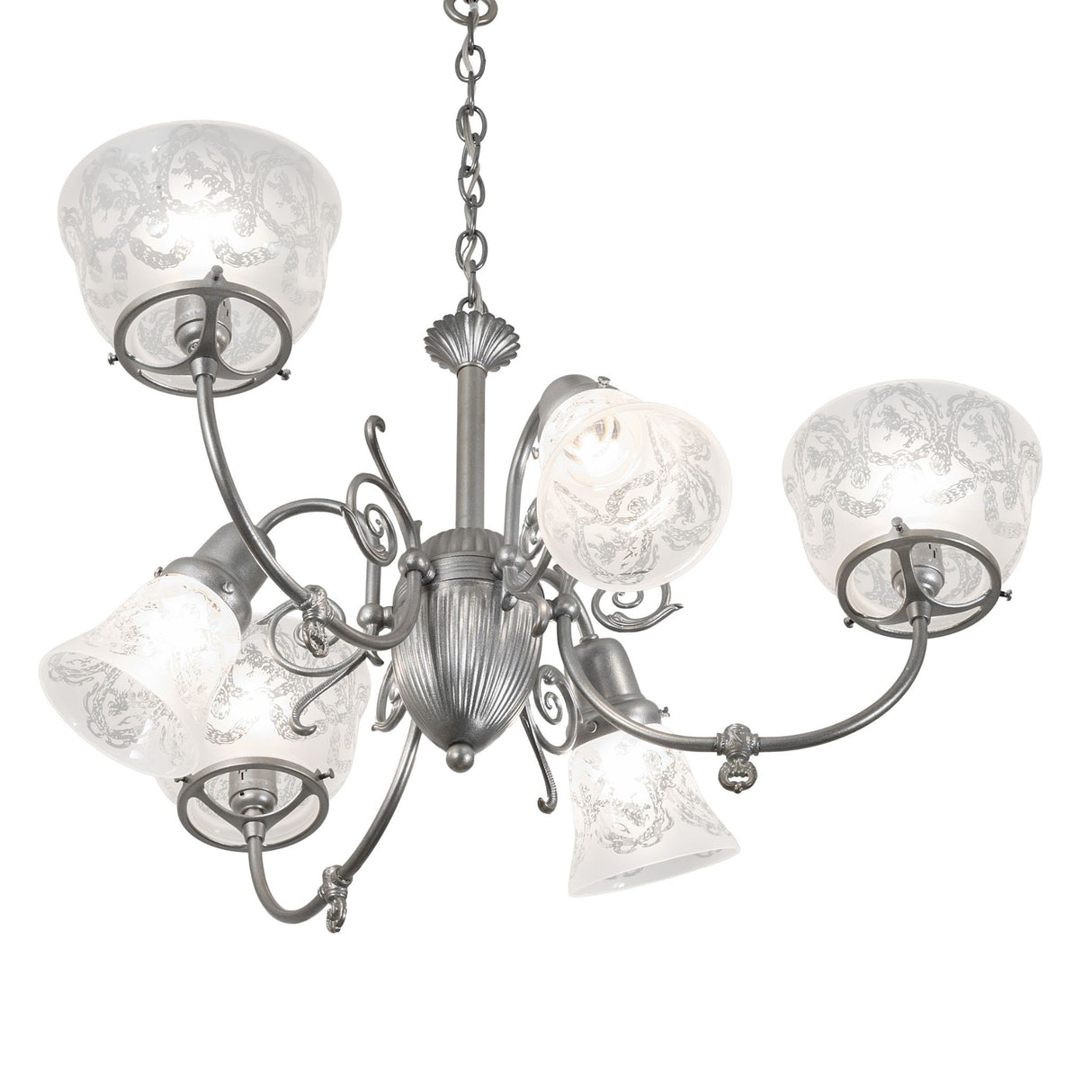 Bottom angle view of chandelier revealing underside of glass shades and central body.