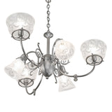 Bottom angle view of chandelier revealing underside of glass shades and central body.