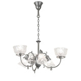 Full view of gas and electric 6 light chandelier with glass shades and curved arms.
