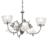 Lit view of 6 light chandelier with light sandstone finish and clear textured glass shades.