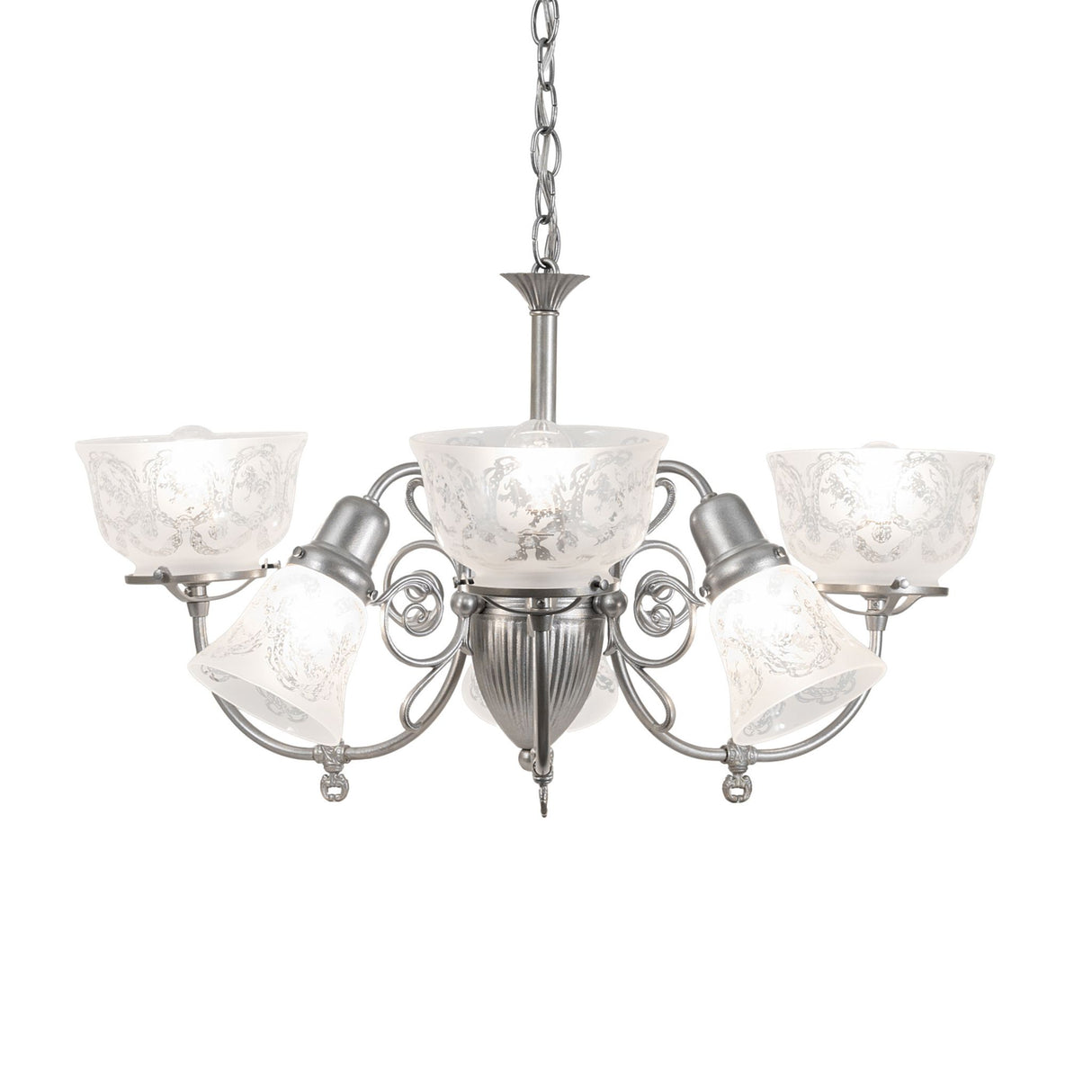 Side view of 6 light chandelier highlighting curved arms and decorative metal detailing.