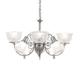 Side view of 6 light chandelier highlighting curved arms and decorative metal detailing.