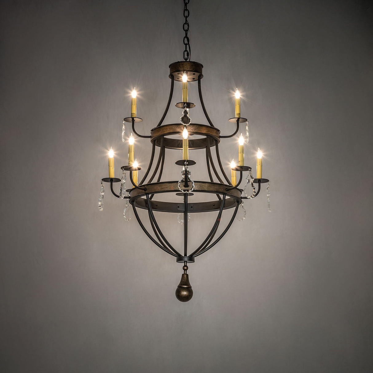 Georgetown 12 light chandelier creating warm ambient lighting in traditional style.