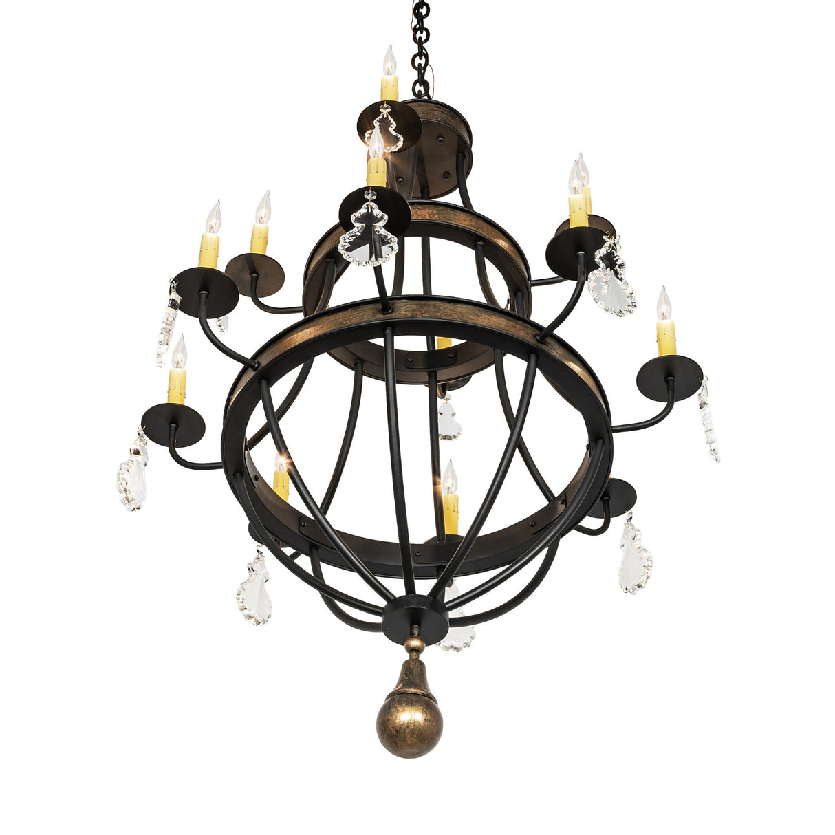 Bottom angle view of 12 light chandelier showing dual rings and crystal accents.