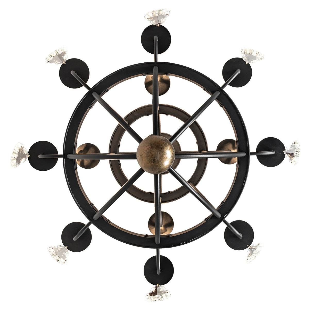 Bottom view of chandelier highlighting circular frame and gold finial.