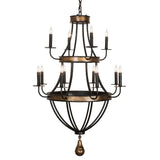 Front view of 12 light chandelier with black frame and brushed gold accents.