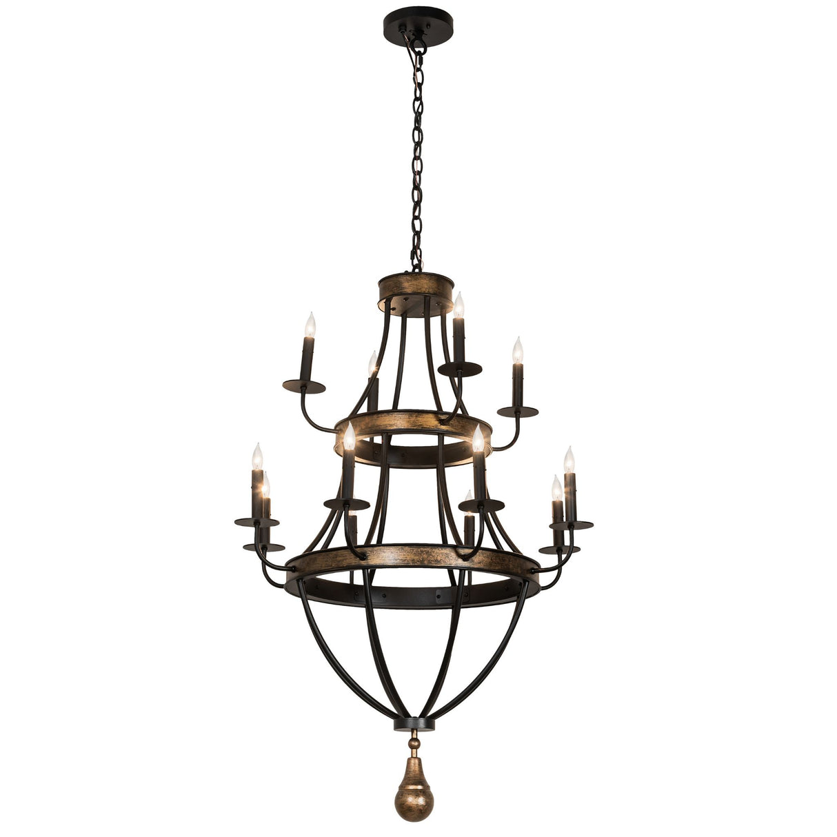 Georgetown 12-light chandelier full view in textured black with brushed gold rings.