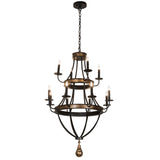 Georgetown 12-light chandelier full view in textured black with brushed gold rings.