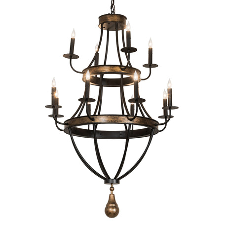 Georgetown 12 light chandelier illuminated with warm candle-style bulbs.