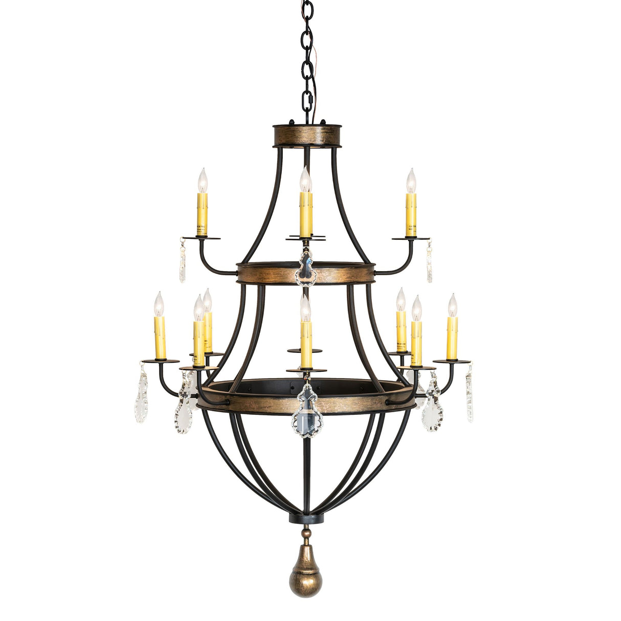 Side angle view of Georgetown 12 light chandelier with curved arms and crystal drops.